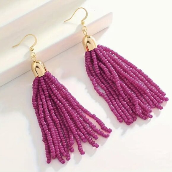 Raspberry Pink Earrings - Gold Plated with beaded tassels - shepherd hook - Picture 1 of 2